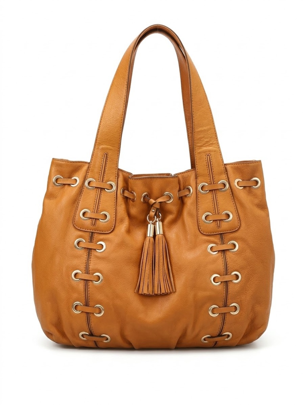 Michael Kors Astor Leather Laced Grommet Hobo Bag Tassel Tan Vintage Y2K